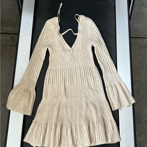Beige Ribbed Knit Sweater Dress